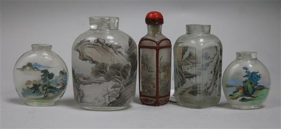A collection of five Chinese interior-painted glass snuff bottles